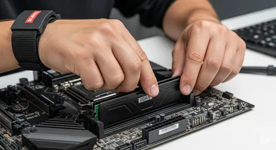 RAM modules being installed in a computer.