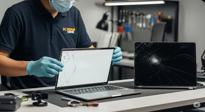 A cracked laptop screen next to a new replacement screen.