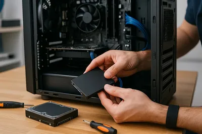SSD drive being installed in a laptop.