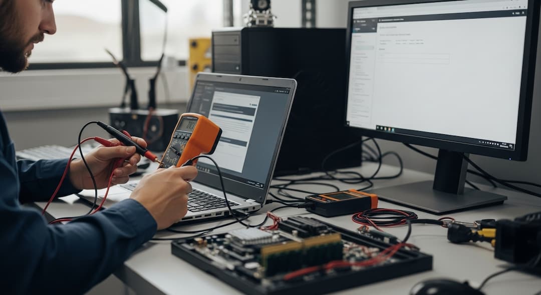 Technician running diagnostics on a computer.