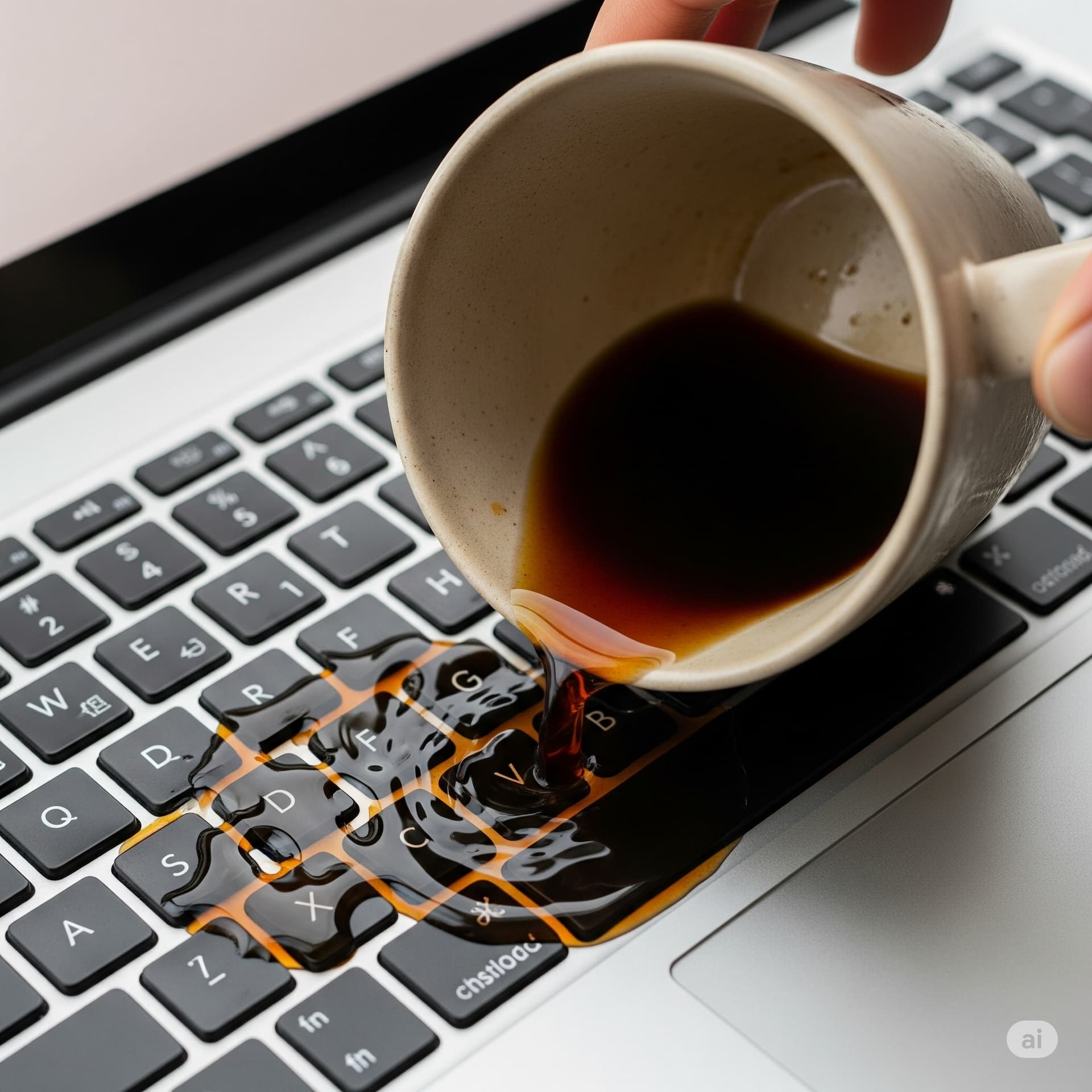 Water-damaged laptop or phone being professionally repaired.