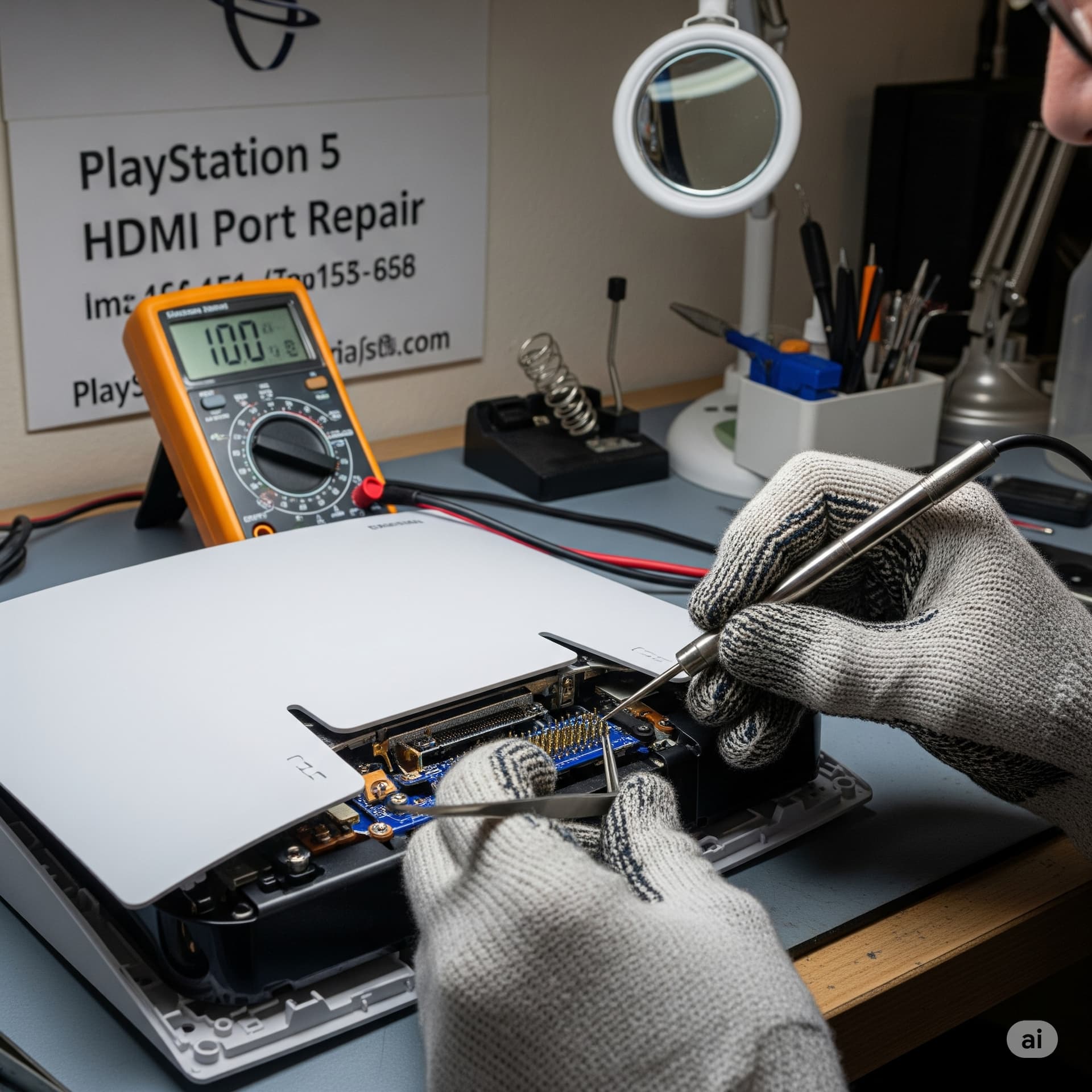 PlayStation 5 console with HDMI port being repaired.