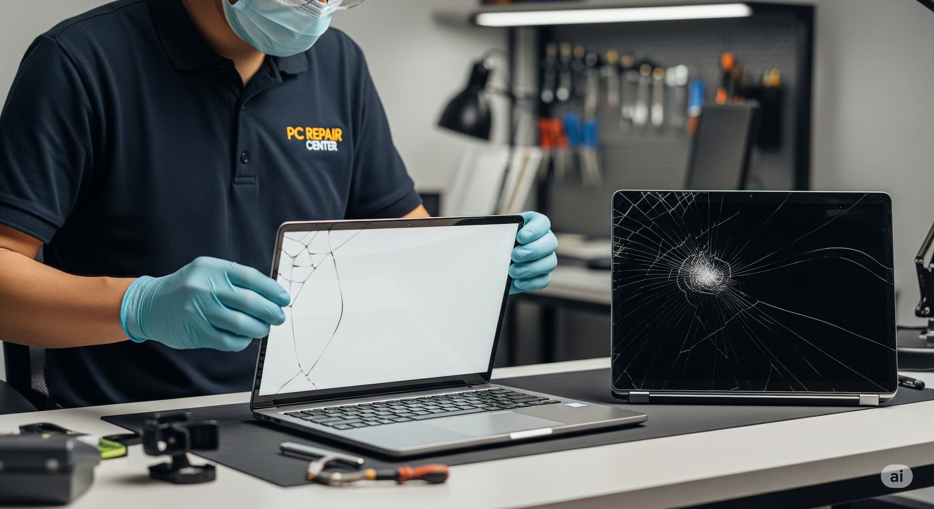 A cracked laptop screen next to a new replacement screen.