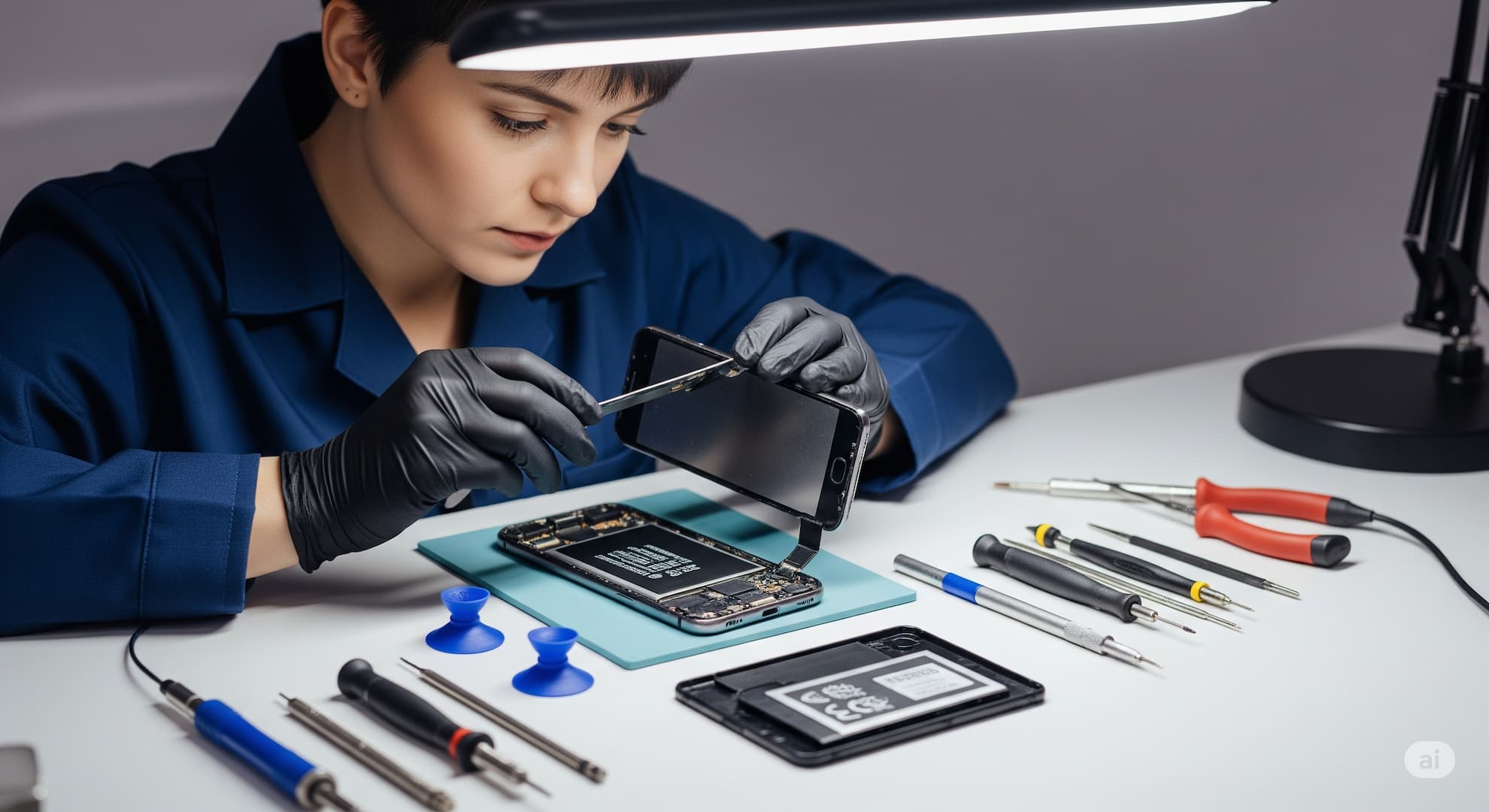 Smartphone with a cracked screen being repaired.